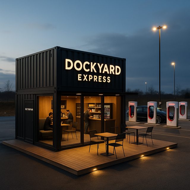 DockYard Express unit at night with warm interior lighting, seating, and nearby chargers