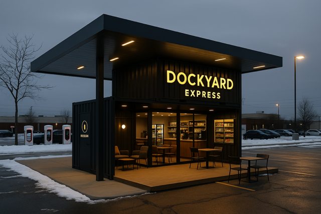DockYard Express unit at night with visible lighting, seating, snow clearance, and nearby chargers