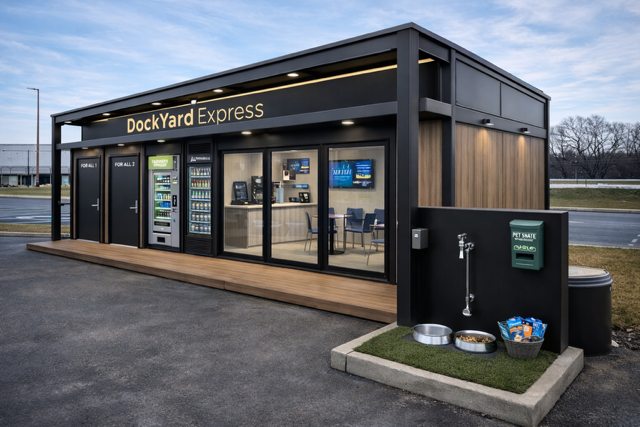 DockYard Express modular amenity building positioned within a charging lot