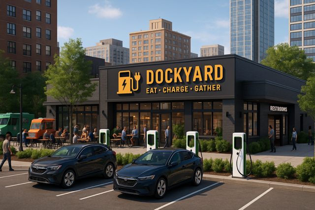 DockYard storefront with EV chargers, parked vehicles, and people gathered at the site